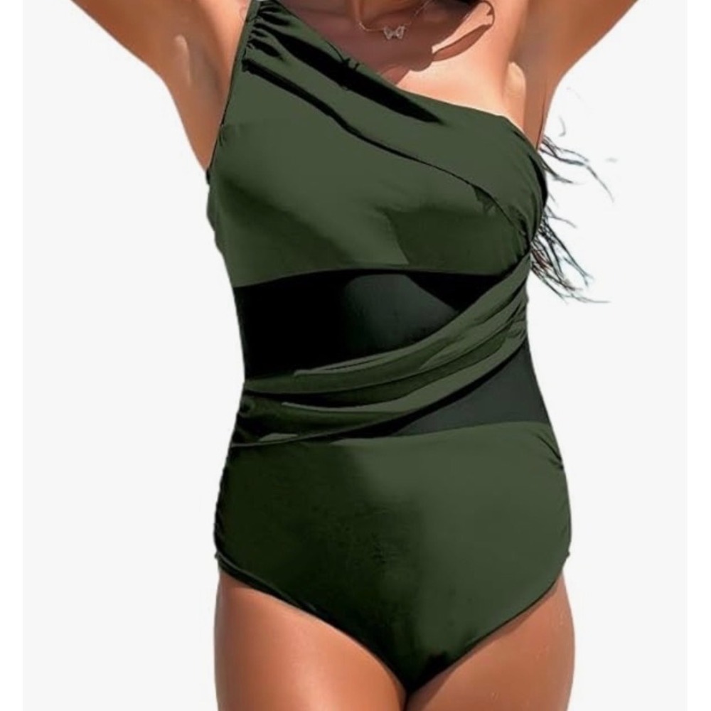 Women's Olive Green‎ One-Shoulder One Piece Swimsuit. Size M. NWOT